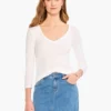 Perfect Knit Rib 3/4 Sleeve V Tee PAPER WHITE