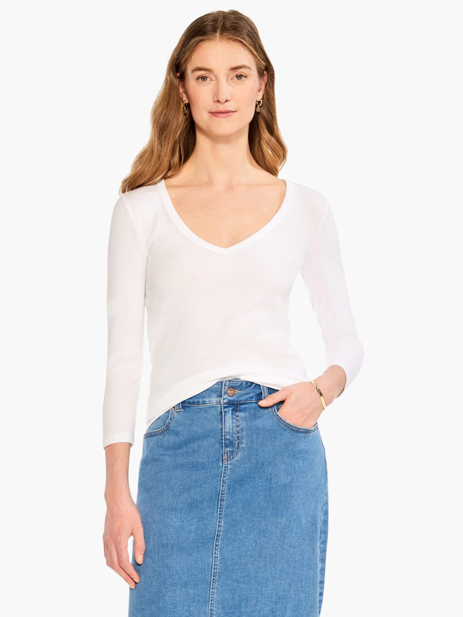 Perfect Knit Rib 3/4 Sleeve V Tee PAPER WHITE