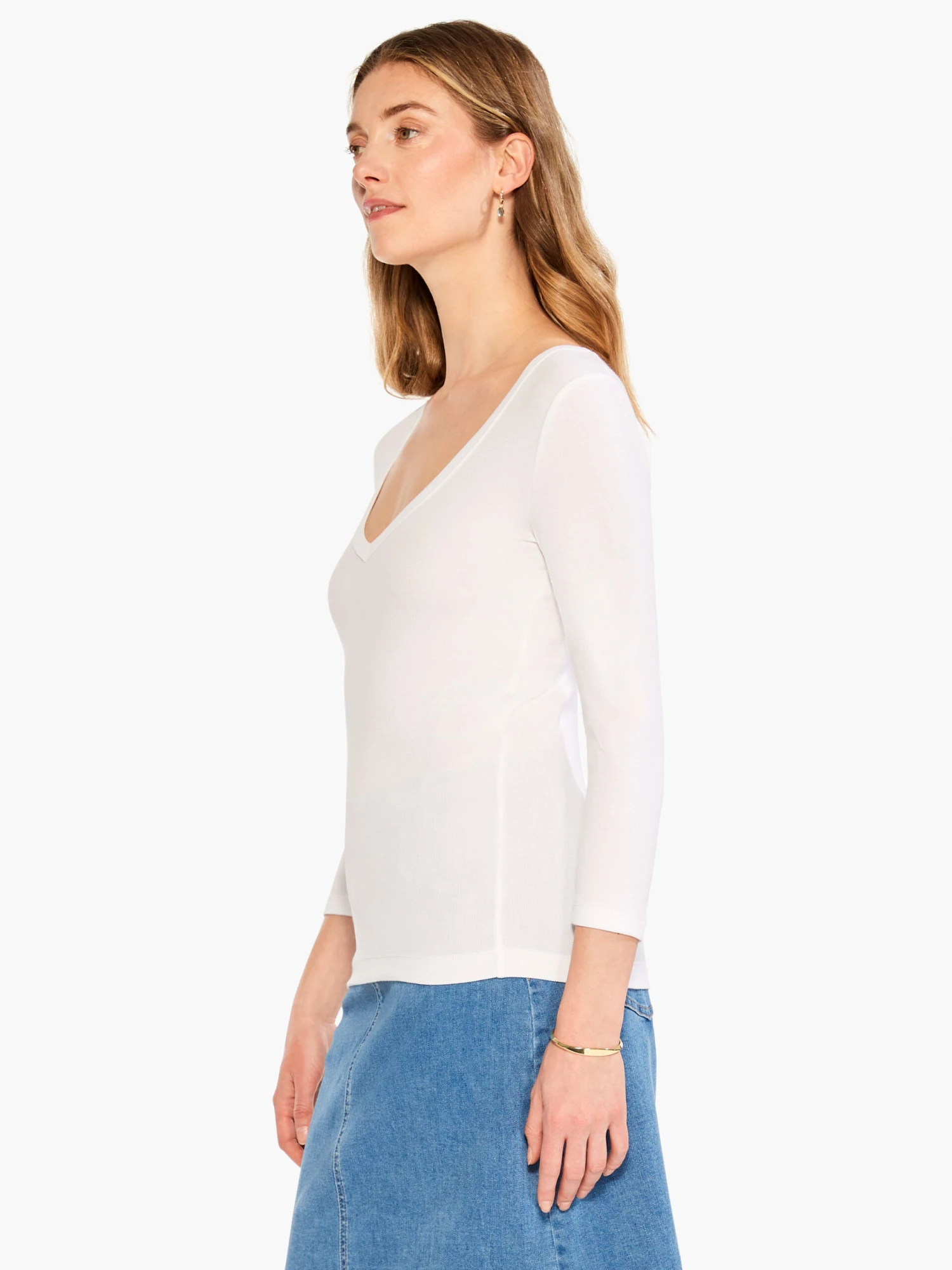 Perfect Knit Rib 3/4 Sleeve V Tee PAPER WHITE - Image 2