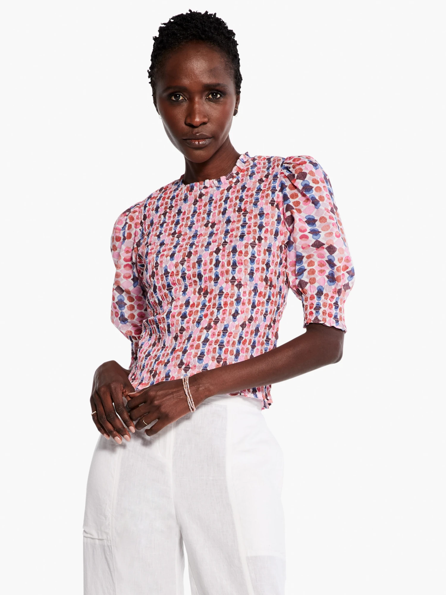 Geo Dots Smocked Top PINK MULTI