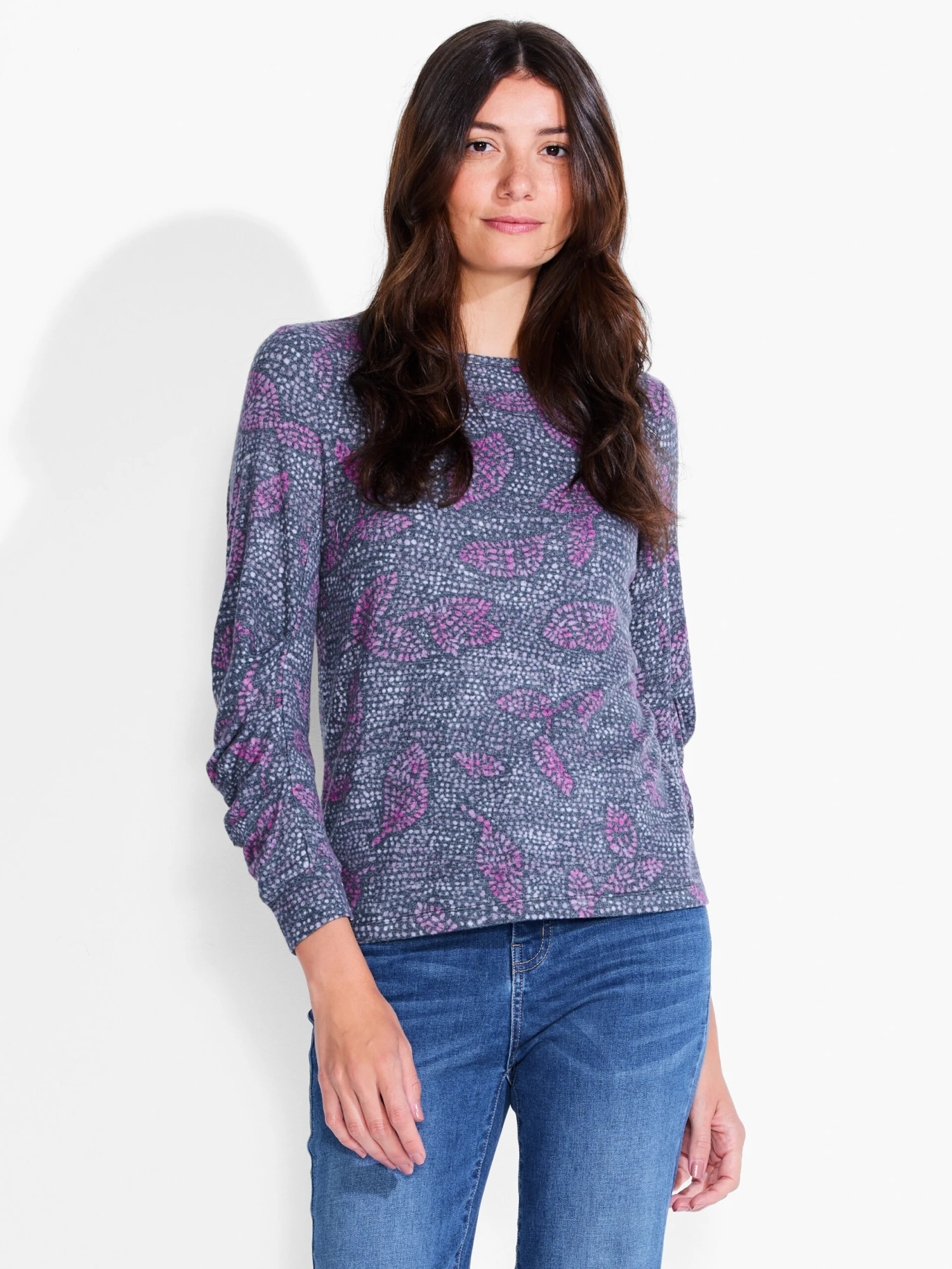 NZT Dotty Leaves Ruched Sleeve Crew Neck PINK MULTI