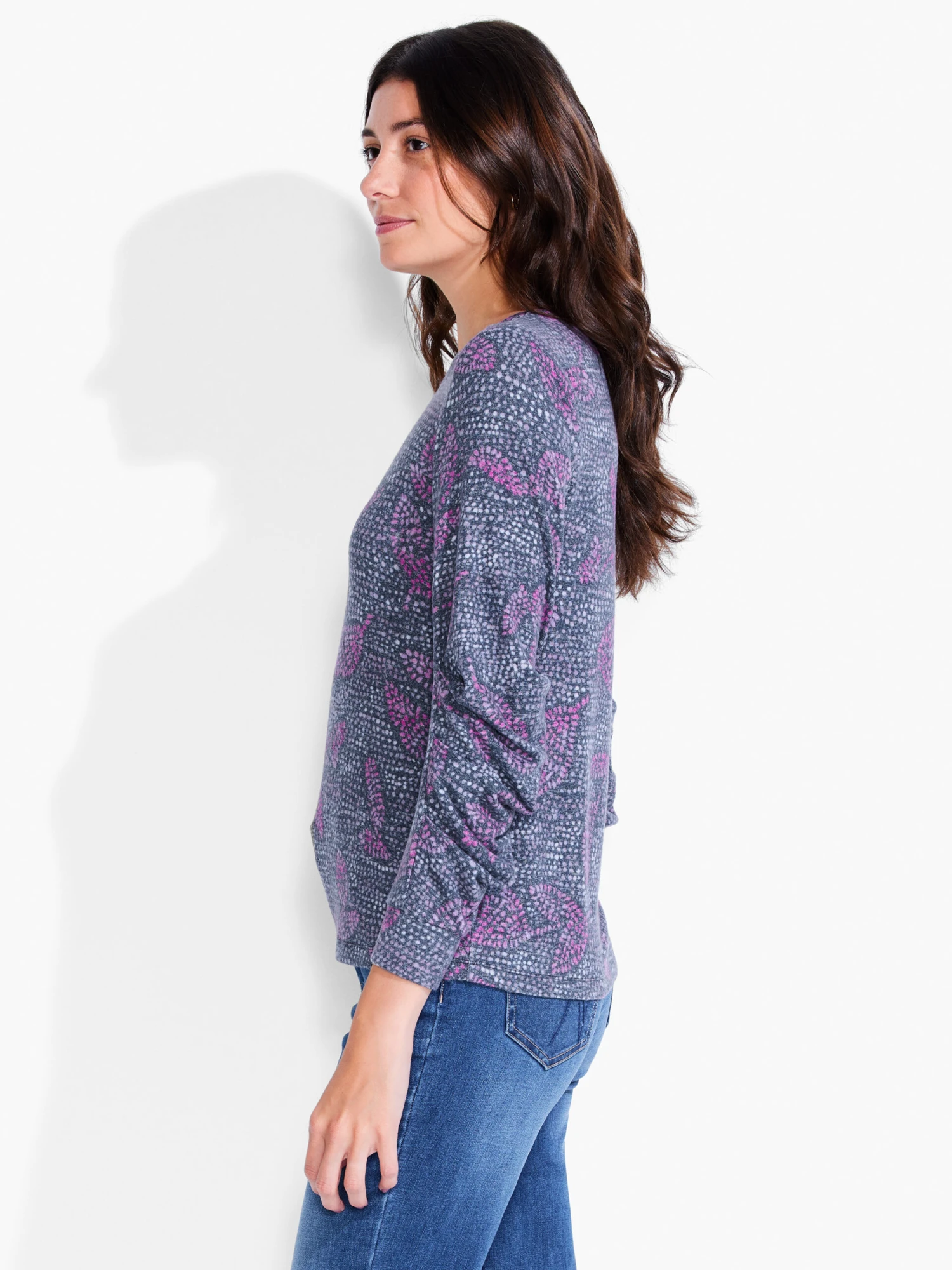 NZT Dotty Leaves Ruched Sleeve Crew Neck PINK MULTI - Image 2