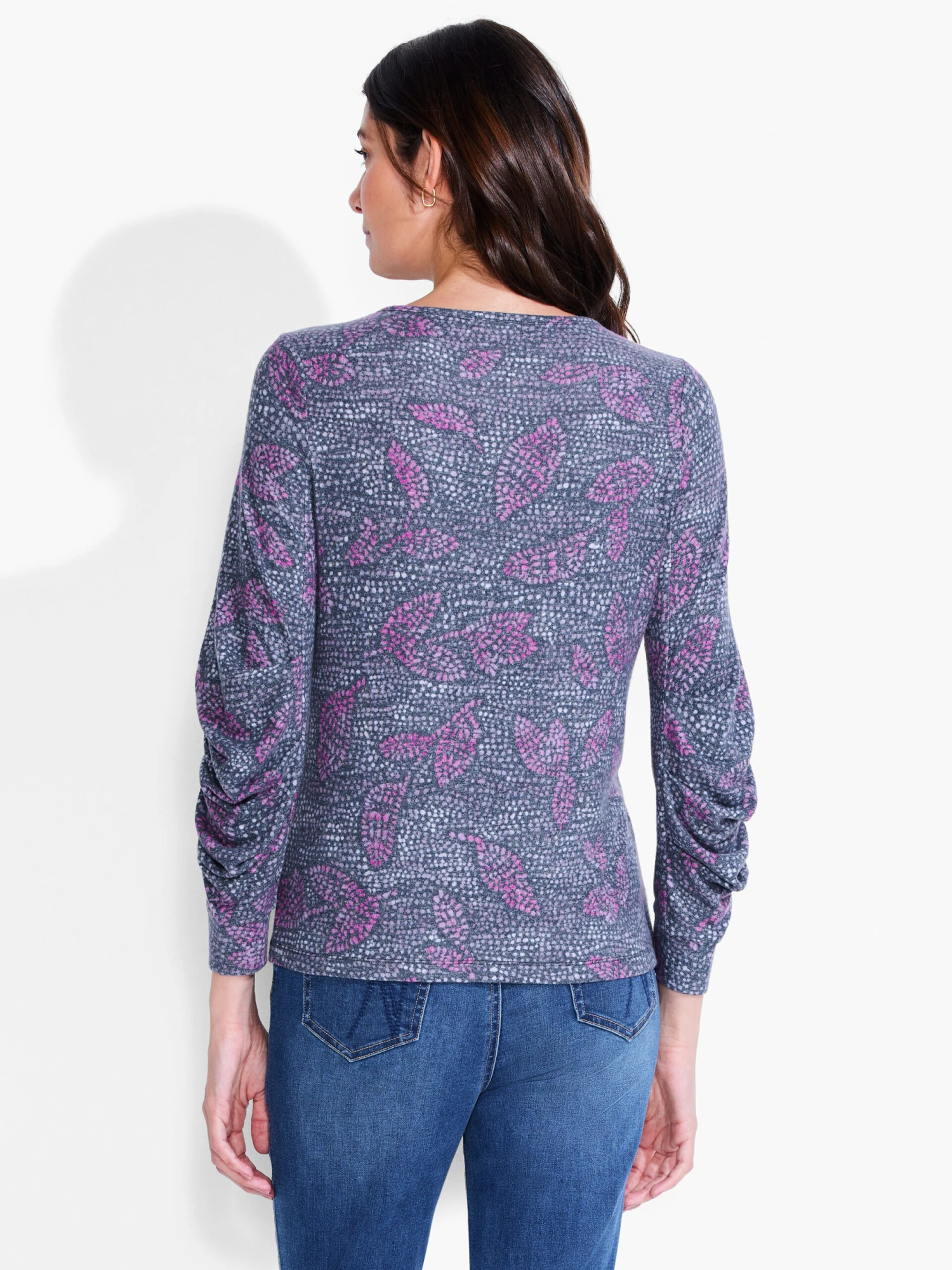 NZT Dotty Leaves Ruched Sleeve Crew Neck PINK MULTI - Image 3