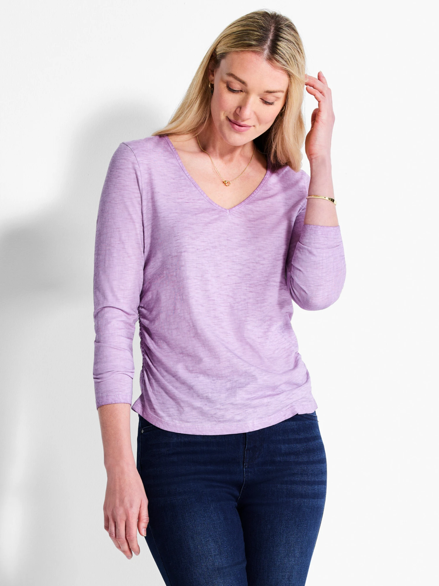NZT Long Sleeve V-Neck Ruched Tee