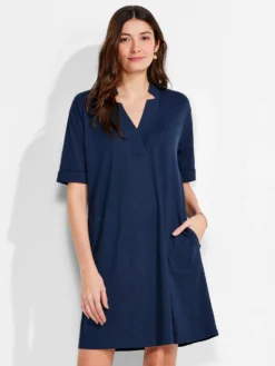 NZT Short Sleeve Notched V Dress DARK INDIGO