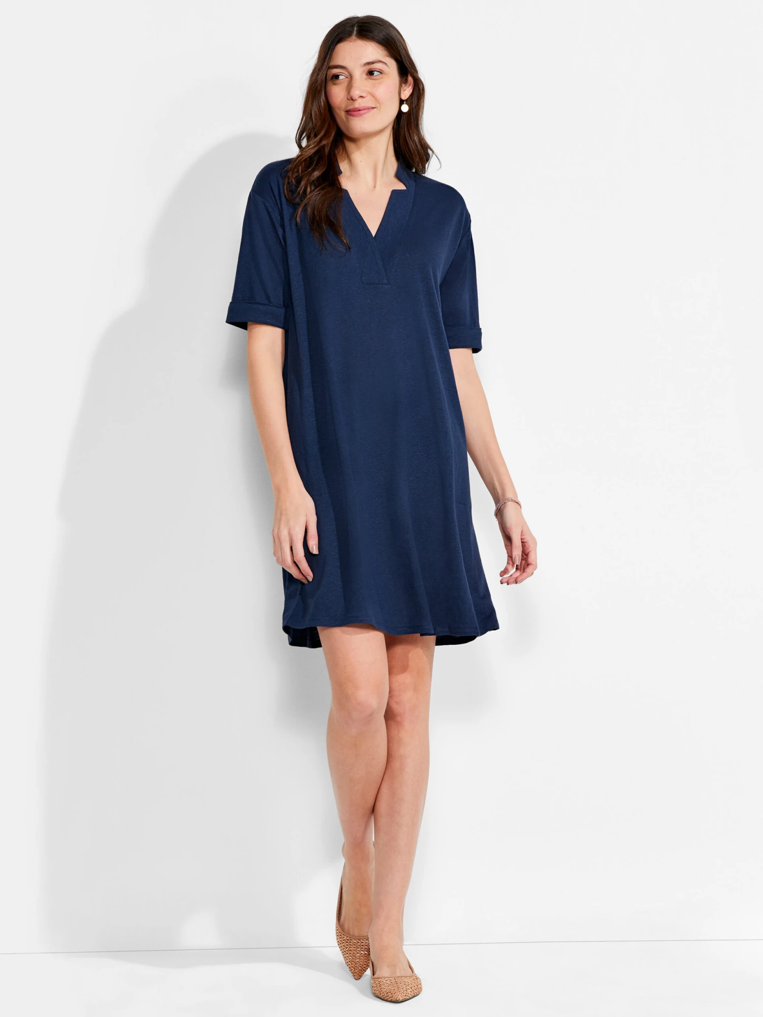 NZT Short Sleeve Notched V Dress DARK INDIGO - Image 4