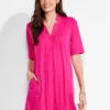 NZT Short Sleeve Notched V Dress SHOCKING PINK