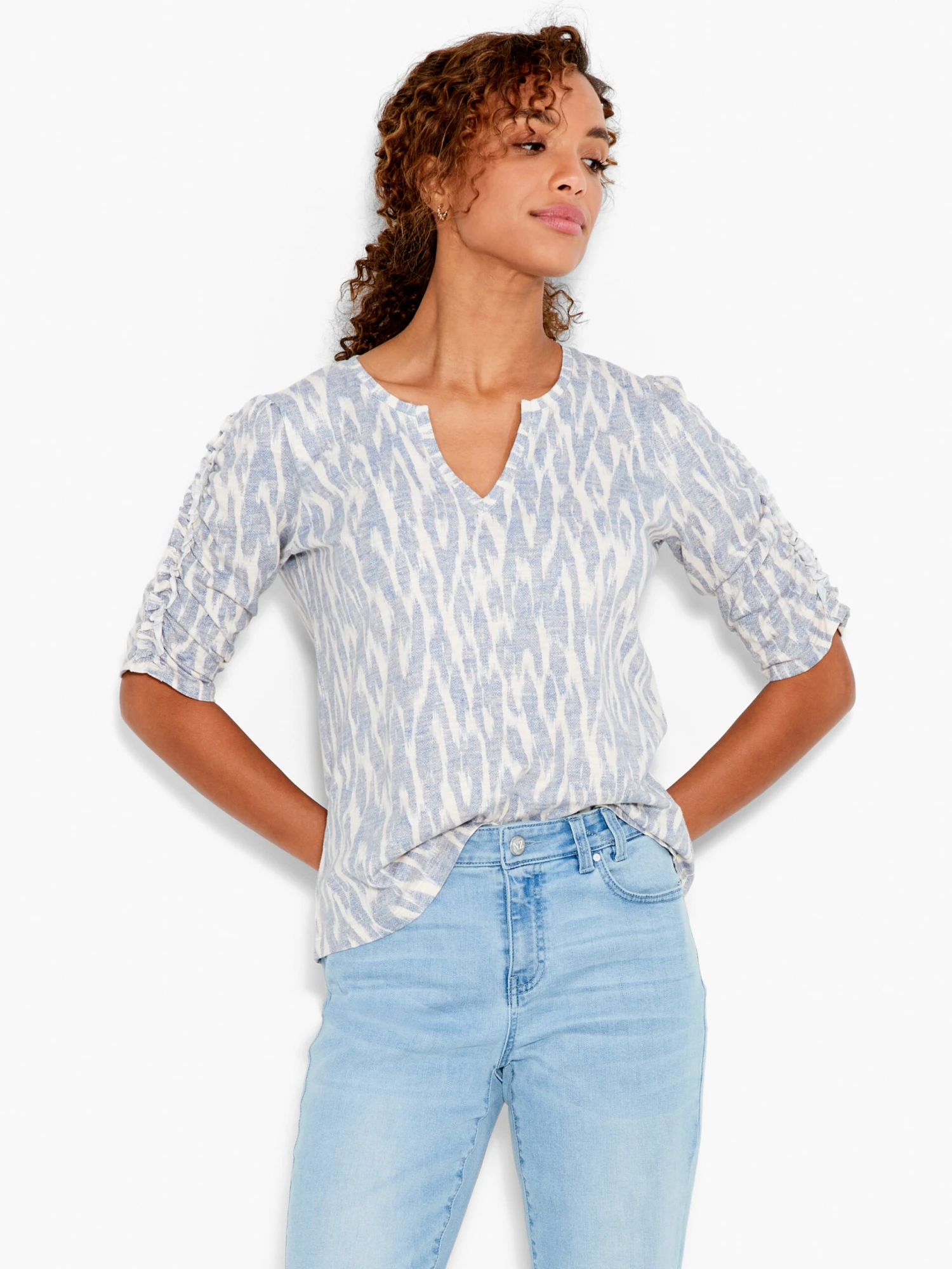 NZT Ikat Ruched Elbow Sleeve Split Neck BLUE MULTI