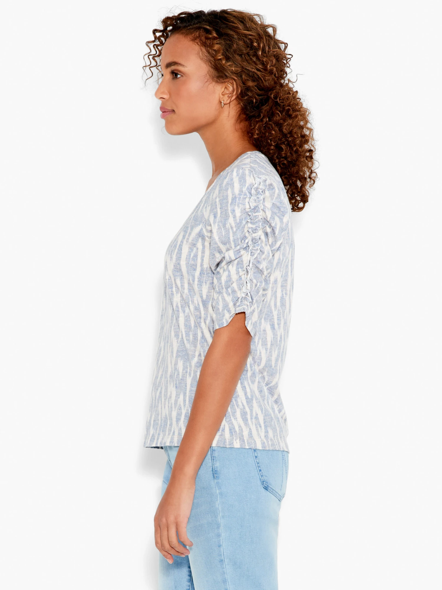 NZT Ikat Ruched Elbow Sleeve Split Neck BLUE MULTI - Image 2