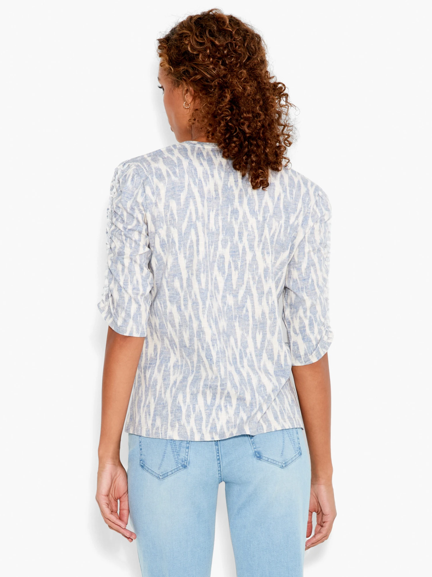 NZT Ikat Ruched Elbow Sleeve Split Neck BLUE MULTI - Image 3
