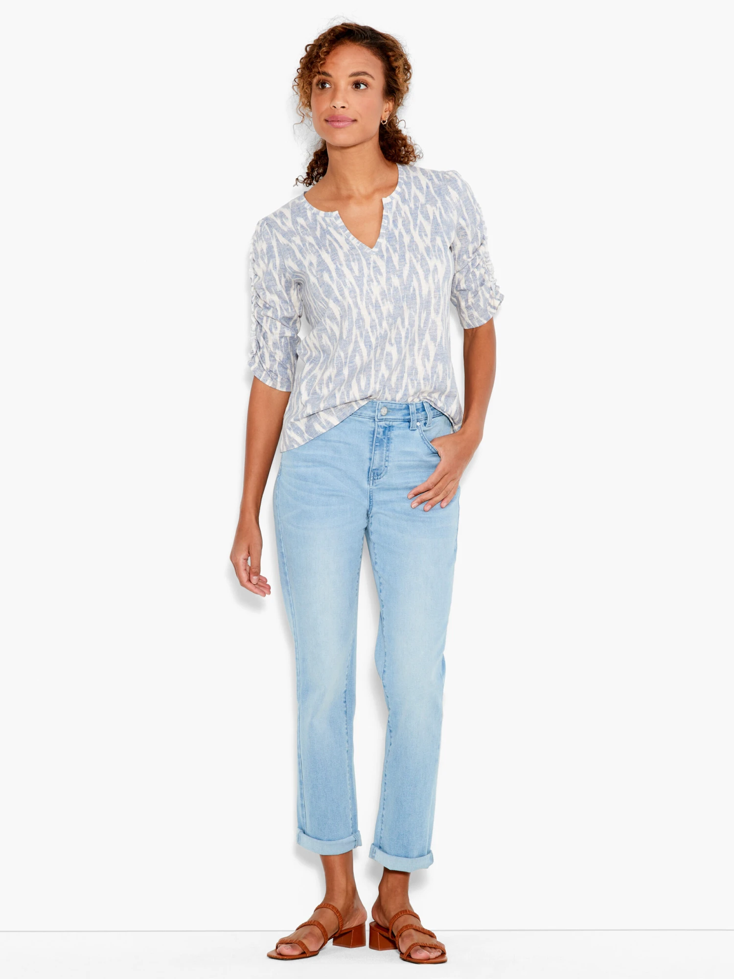 NZT Ikat Ruched Elbow Sleeve Split Neck BLUE MULTI - Image 4