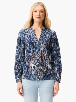 NZT Long Sleeve Watercolor Damask Henley Tee BLUE MULTI