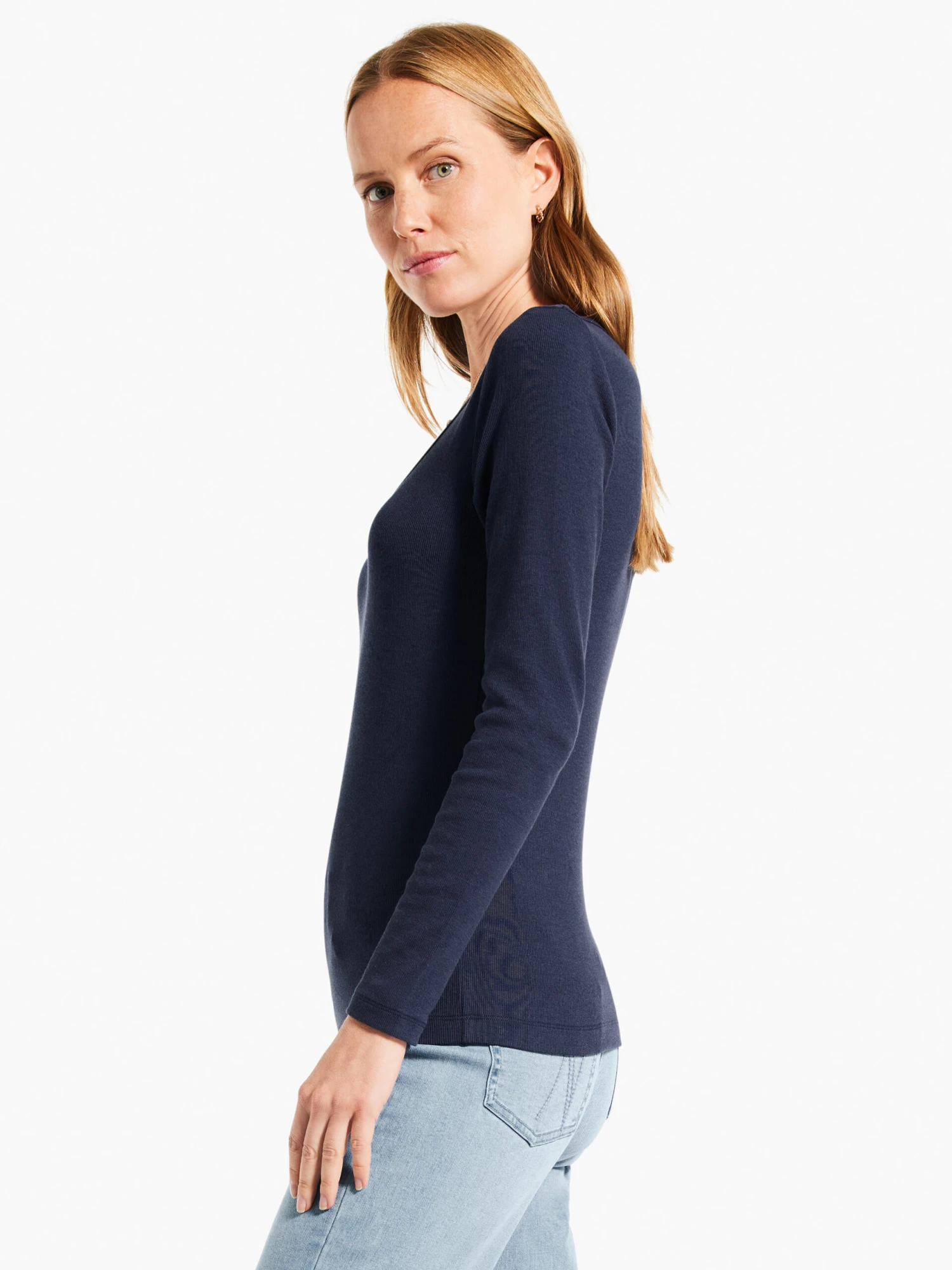 Perfect Knit Rib Long Sleeve V Neck DARK INDIGO - Image 2