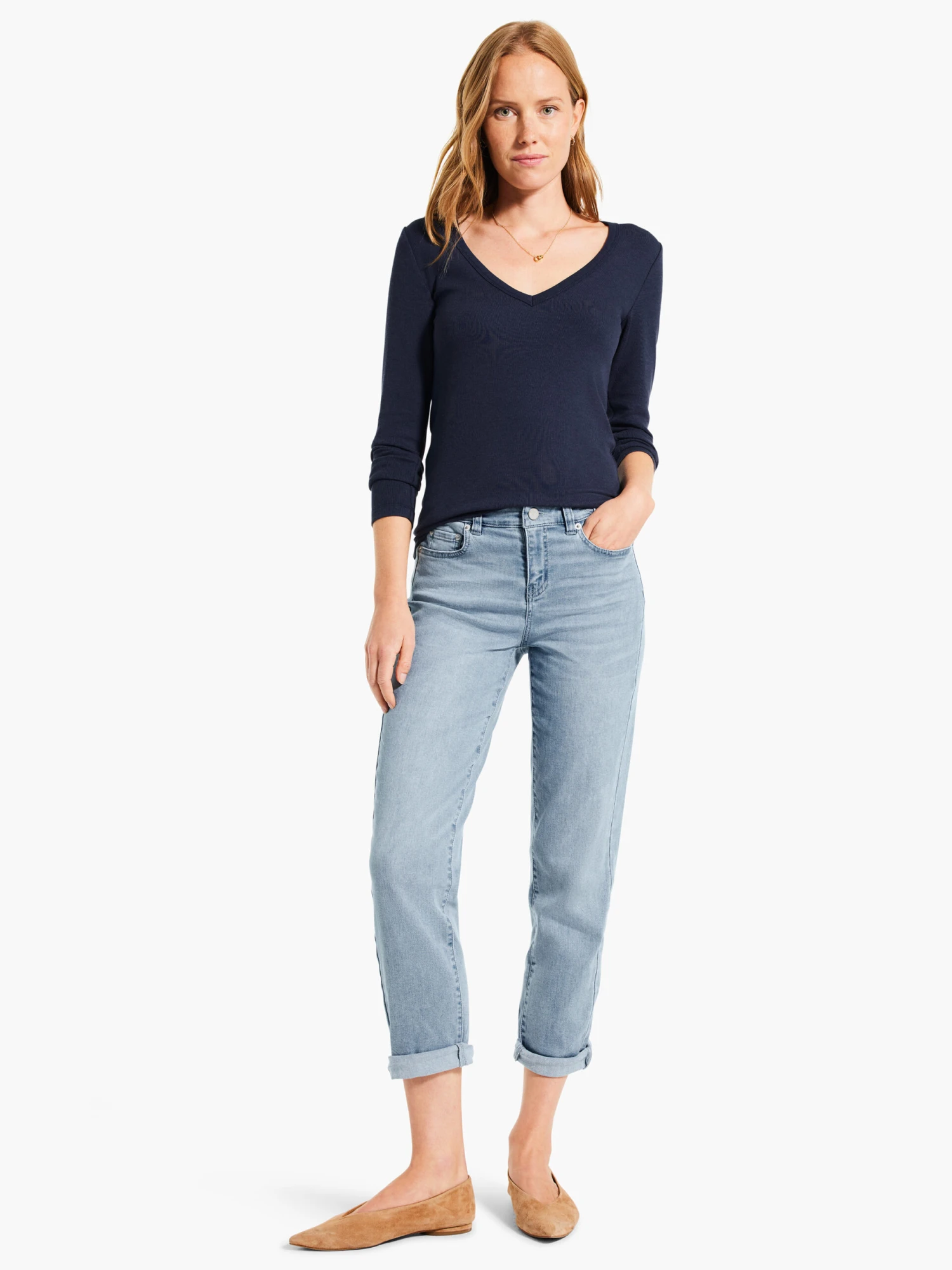 Perfect Knit Rib Long Sleeve V Neck DARK INDIGO - Image 4