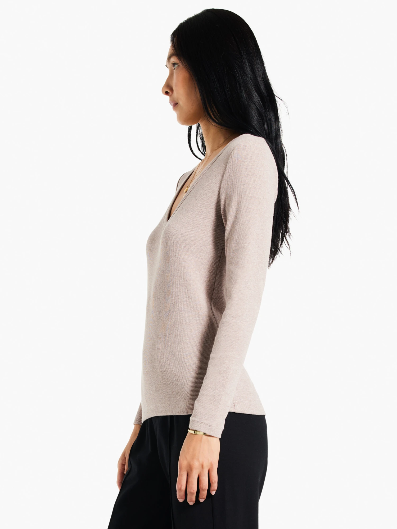 Perfect Knit Rib Long Sleeve V Neck MACAROON - Image 2